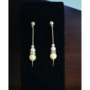 Vintage Contempra Pierced Earrings Faux Pearl Rhinestone Accents Dangle Drop Gol